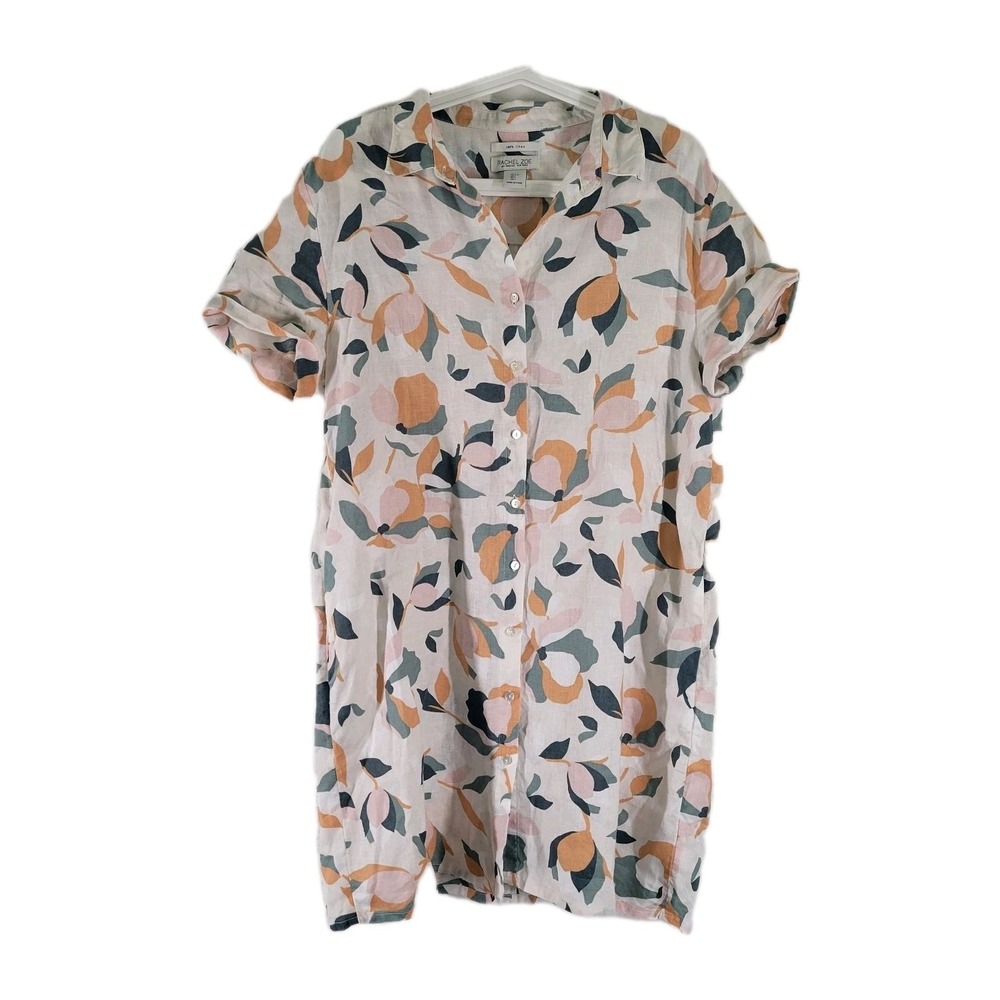 Rachel Zoe Linen Shirt Dress Womens Large White Floral Short Sleeve Button Down‎